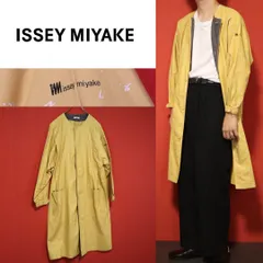 【美品】ISSEY MIYAKE 総柄デザイン イエロー ノーカラーロングコート 美品】ISSEY MIYAKE 総柄デザイン イエロー ノーカラーロング
