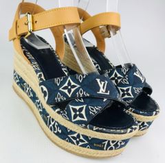 良品★LOUIS VUITTON・ルイヴィトン バウンダリーライン レディース キャンバスレザー切替し モノグラム柄 ジュートコンビ プラットフォーム サンダル 厚底 2020モデル（36）