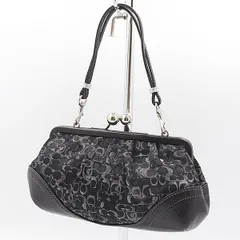 美品 コーチ シグネチャー ブラック レザー/キャンバス シルバー金具 2way ポーチ/ハンドバッグ NSY 2000000 NSK