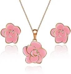 CHLOEOS バラ ピアス ネックレス セット レディース 人気 蔷薇 ローズ 花 スタッドピアス k18金RGP 大人 可愛い 金属アレルギー対応 結婚式 お呼ばれ 小顔 シンプル 両耳用 おしゃれ カジュアル 上品(ピンク)