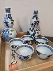 未使用◇有田焼 華山 萬右衛門窯 酒器セット 手描き絵 徳利 おちょこ
