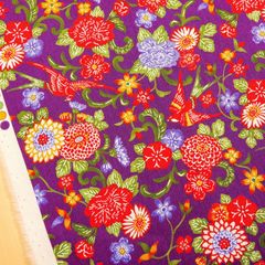 約110×50cm　紅型風 和柄 花鳥風月 ブロード生地  AP52109-1E パープル　生地 布地 布 ハンドメイド