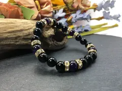 パワーストーン ブレスレット オニキス&アメジスト 天然石ブレス (ゴールド) 8mm レディース  ●