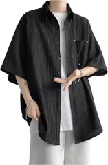 Gosfang(ゴスファング) メンズ シャツ 半袖 大きいサイズ 無地 速乾 軽い 柔らかい ゆったり ワイシャツ カジュアル(ブラック,  L)