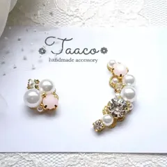 No.61 ミルキーピンクストーンビジューハンドメイドピアス＆イヤーカフ