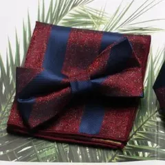 蝶ネクタイ　ポケットチーフ　2点セット　ワンタッチネクタイ　結婚式　発表会　パーティー　イベント　卒業式　入学式　入社式　ダンスパーティー　バーテンダー　スーツ　ワイシャツ　格安　ストライプ柄　ワインレッド色　ネイビー色　イエロー色　ゴールド色　メンズネクタイ