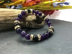 パワーストーン ブレスレット アメジスト&オニキス  8mm（ゴールド）レディース 女性  数珠ブレス 開運 プレゼント ギフト  [n]