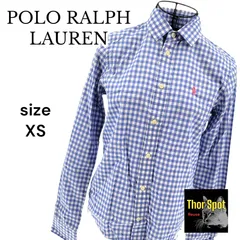 【美品】POLO RALPH LAUREN ポロラルフローレン 長袖シャツ ギンガムチェック ブルー ホワイト XSサイズ レディース 155/80A ワンポイントロゴ ピンク