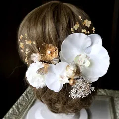 胡蝶蘭とメタル　金箔付き◆成人式、結婚式、和装髪飾り　振袖や白無垢、前撮り、水引き、造花髪飾り
