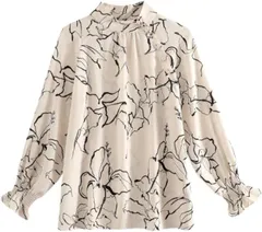 Elixio エリクシオ ブラウス トップス レディース 長袖 きれいめ 上品 華やか スタンドカラー ハイネック 花柄 オフィス 通勤 デート おしゃれ 秋 大きいサイズ 秋服 袖あり(ベージュ,  M)