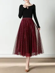 ドット柄 チュールスカート ロング丈 ウエストゴム 体型カバー 大人 きれいめ フレア Aライン 秋 冬 春 レディース ボルドー レッド 透け感 フェミニン 上品 ロングスカート 無地 カジュアル 通勤 20代 30代 40代 [1031]