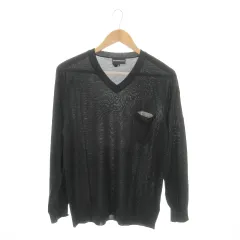 エンポリオアルマーニ EMPORIO ARMANI ニット セーター Vネック 長袖 シルク 絹 カシミヤ混 薄手 胸ポケット ロゴ刺繍 48 M 黒 ブラック /MN14 ■GY19
