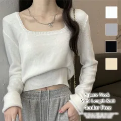 スクエアネックミニ丈ニット レディース トップス 長袖 無地 秋服 冬服 10代 20代 30代 韓国ファッション 韓国 オフィスカジュアル ショート丈 上品