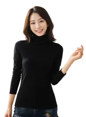 【カナエルン】タートルネック ハイネック 長袖 タイト フィット トップス かわいい きれい カットソー ストレッチ 暖かい 裏起毛 モダール 肌着 春 冬 秋 フリース 部屋着 デート 薄着 レディース ブラウン 茶 こげ [ブラック（レギュラー）] [L]