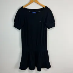 BURBERRY BLUE LABEL バーバリーブルーレーベル ワンピース ひざ丈ワンピース チュニック 半袖 ワンポイントロゴ ロゴ刺繍 ブラック レディース38 古着 日本製 モード　ウールワンピース