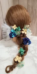 成人式 髪飾り ブルー系 レース カスミソウ アジサイ