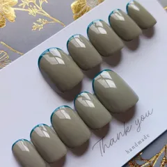 No.4　現品　ネイルチップ　シンプル　フレンチ　細フレンチ　オフィスネイル　カジュアル　ダスティカラー　くすみ　ショートオーバル　ハンドメイド
