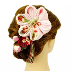 髪飾り 成人式 つまみ細工 赤 振袖 前撮り 袴 浴衣 夏祭り 花火大会 2点セット ピンク ちりめん 房付き 玉飾り 和柄 ヘアアク No.9-3548