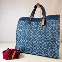 ✨Bランク   COACH　２way　トートバッグ　ハンドバッグ　ウォッシュド　デニム　シグネチャー　レザー　リファインド　カーフレザー　大容量　旅行カバン　フィールドトート　「108EL」