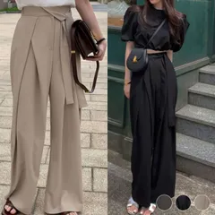 パンツ レディース ワイド ワイドパンツ スラックス ゆったり ロング丈 ロングパンツ アンシンメトリー おしゃれ フロントタック 夏 春 秋 ハイウエスト 黒 グレー 韓国