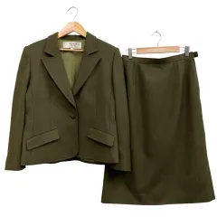 ニナリッチ NINA RICCI ウールスーツ タイトスカート シングルジャケット 無地 モスグリーン系 サイズ11 L相当   のサムネイル