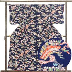 ☆4811☆ 小紋 濃紺色 細かいオシドリ柄 袷仕立て - メルカリ