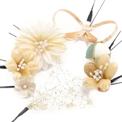 髪飾り 成人式 振袖 袴 花 7点セット 白 生成り 黄色 緑 ゴールド 花 組紐 ちりめん 玉飾り レース 菱 和柄 Ｕピン Iピン ニュ No.12-0369
