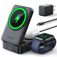 Lamicall 【Magsafe対応 15W急速】3in1 ワイヤレス 充電器 折り畳み : コンパクト 卓上 マグセーフ スマホ 同時 充電 スタンド ドック マグネット 縦 横 置き 携帯 持ち運び 机 出張 旅行 すまほ アイホン イヤホン iPh 1