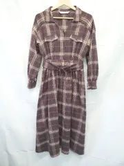 ◇ ⊇ 31 Sons de mode トランテアン ソン ドゥ モード チェック 長袖 膝下丈 ワンピース サイズ36 パープル系 マルチ レディース E  【1507230014627】