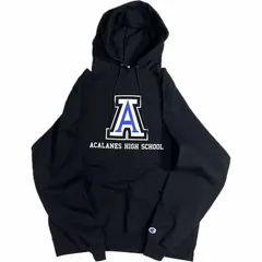 美品 Champion チャンピオン カレッジプリント アルファベットプリント 二段ラバープリント ACALANES HIGH SCHOOL 裏起毛 袖目付き刺繍ロゴ フード プルオーバー スウェット パーカー フーディー L ブラック 黒 20202761