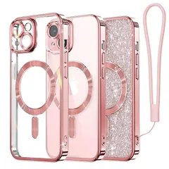 Meifigno iPhone 15 ケース キラキラペーパー付き MagSafeに対応 黄ばみなし 耐衝撃 磁力強い ワイアレス充電 ストラップ 透明 可愛い クリア 6.1インチ ローズゴールド 1