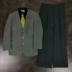 【VINTAGE】5点セット HERMES エルメス ネクタイ付き セレモニー シングルスーツ 金ボタン ジャケパン セットアップ 上下 くすみグリーン系 成人式 卒業式 結婚式（ユーロピンズ＆シャツ＆ブランドネクタイ おまけ）No.15