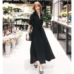 マキシワンピース レディース 春 シャツワンピース ロング丈 黒 ワンピース 長袖 ロングワンピース リボン付き ゆったり 体型カバー 大人 30代 40代