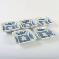 大正〜昭和初期 古伊万里 青い絵柄の陶磁器皿5枚セット 長角皿 染付