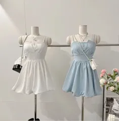 リボン ストラップ バックスリット スモーク バンディング ミニワンピース キャミソールワンピース A ライン スカート