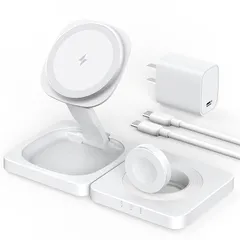 ADADPU 3in1 ワイヤレス充電器 MagSafe対応 充電スタンド 折りたたみ式 マグセーフ充電器 (20W AC電源アダプター付属) 最大15W出力 急速充電 マグネット式充電器 iPhone16/15/14/13 /Apple Watch10/ 0