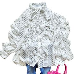 洗える】ルルウィルビー フリル ブラウス ドット ホワイト ボウタイ