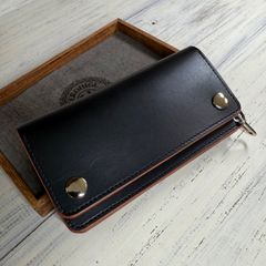 【トラッカーウォレット ロング】3層 ブラック 北米ステア 茶芯 シルバー