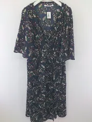 ◇ RAY CASSIN FAVORI 花柄 カシュクール 七分袖 膝下丈 ワンピース サイズF ネイビー オフホワイト レッド レディース  【1206160003076】