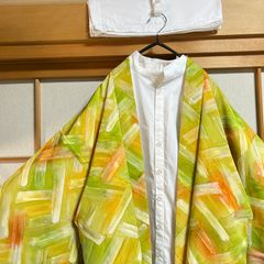美品　メンズ　着物　羽織　和風　和モダン　ビッグサイズ　ビッグシルエット　かっこいい　カジュアル着物　和洋折衷　和モード　和洋ミックスコーデ　イエロー系　爽やか　まとめ売り2点セット品