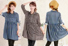 春秋 レディスワンピース 授乳服 可愛いチェック柄 マタニティ長袖ワンピース