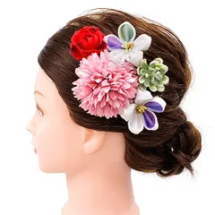 髪飾り 成人式 つまみ細工 赤 振袖 前撮り 袴 花 5点セット まり菊 バラ 桃色 ピンク ライトグリーン ちりめん かんざし 洋装 No.9-5082