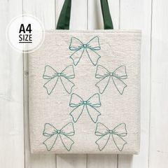 A4対応トートバッグ【リボン 緑】　刺し子・綿麻・帆布