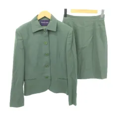 ラルフローレン パープルレーベル RALPH LAUREN PURPLE LABEL 美品 スーツ セットアップ シングル 肩パッド ひざ丈 スカート フレア ストレッチ 無地 ウール 厚手 9 約Mサイズ 緑 グリーン OKZのサムネイル