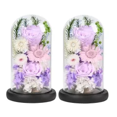 新品 YKFN 仏花 プリザーブドフラワー お供え 仏壇用 お悔やみの花 お仏前 初盆の花 お供え花 生花 菊花 カラスドーム 薔薇 ローズ ledライト付き アレンジメント 菊 お盆 ペット お盆飾り 仏事 法事 お彼岸 法要 一周忌 故人 一対 (2個セッ