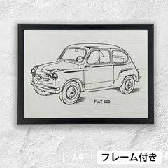 フィアット600　モノトーンイラストポスター  A4 荒い麻布の風合い 　【フレーム付】《AS》のサムネイル