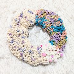 ♡ハンドメイド♡ヘアゴム シュシュ ヘアアクセサリー マーブル毛糸 毛糸 ボリューム 大きい 可愛い １点物 プレゼント アイボリー ブルー パープル マルチカラー