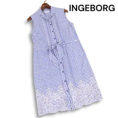 INGEBORG インゲボルグ 春夏 麻 リネン混 刺繍 レース ギンガム チェック ノースリーブ シャツ ワンピース Sz.9　レディース