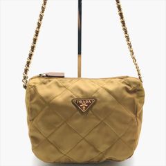 良品 PRADA プラダ 三角ロゴ プレート キルティング ナイロン チェーン ショルダー バッグ 肩掛け ブラウン レディース k5743