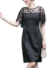 グリーンパキラ キレイめ 花柄 ワンピース レースドレス 可愛い パーティードレス 半袖 膝上 春 夏 秋 フォーマル 高見え 20代 30代 40代(ブラック,  L)